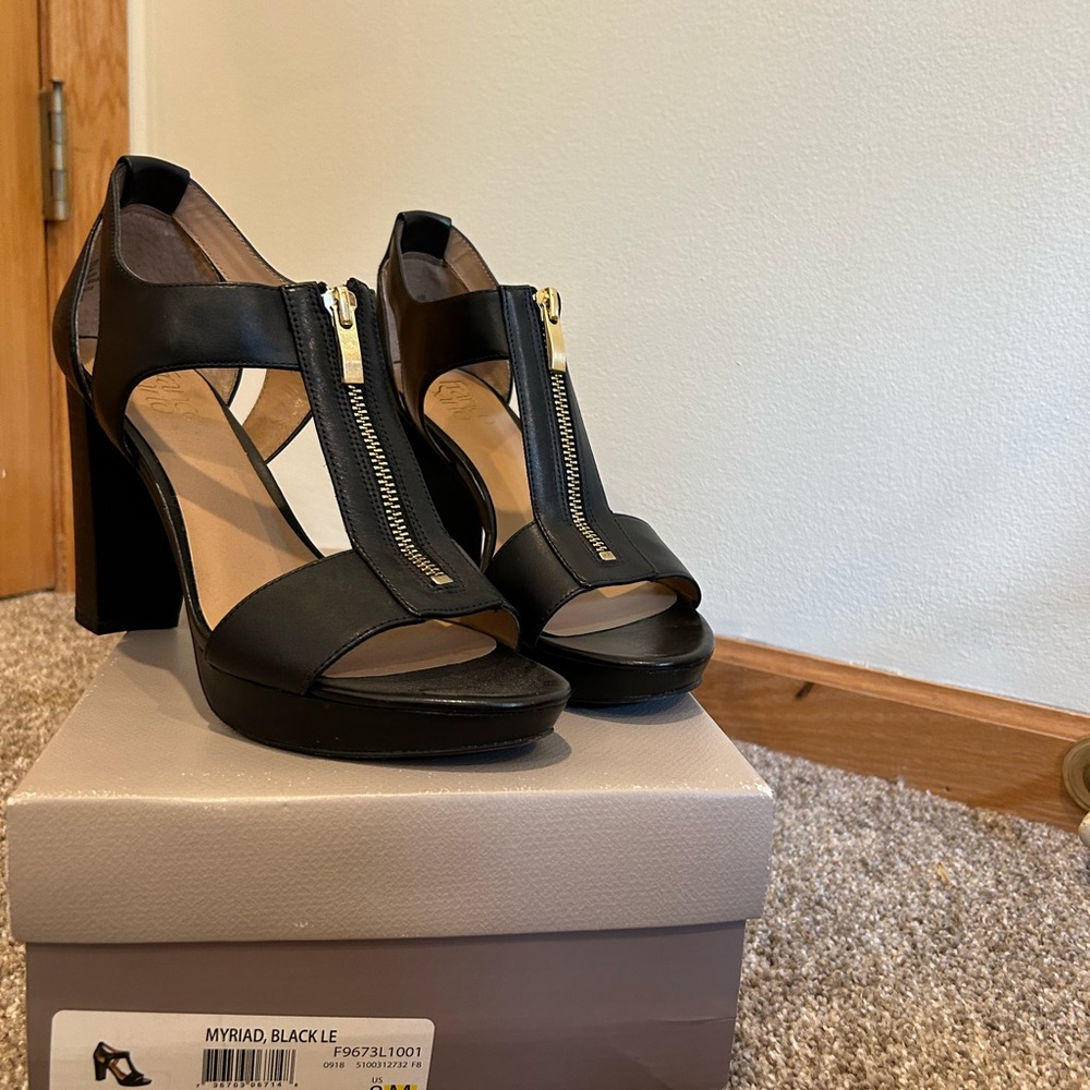 Franco Sarto Black Leather Heels with Gold Zipper